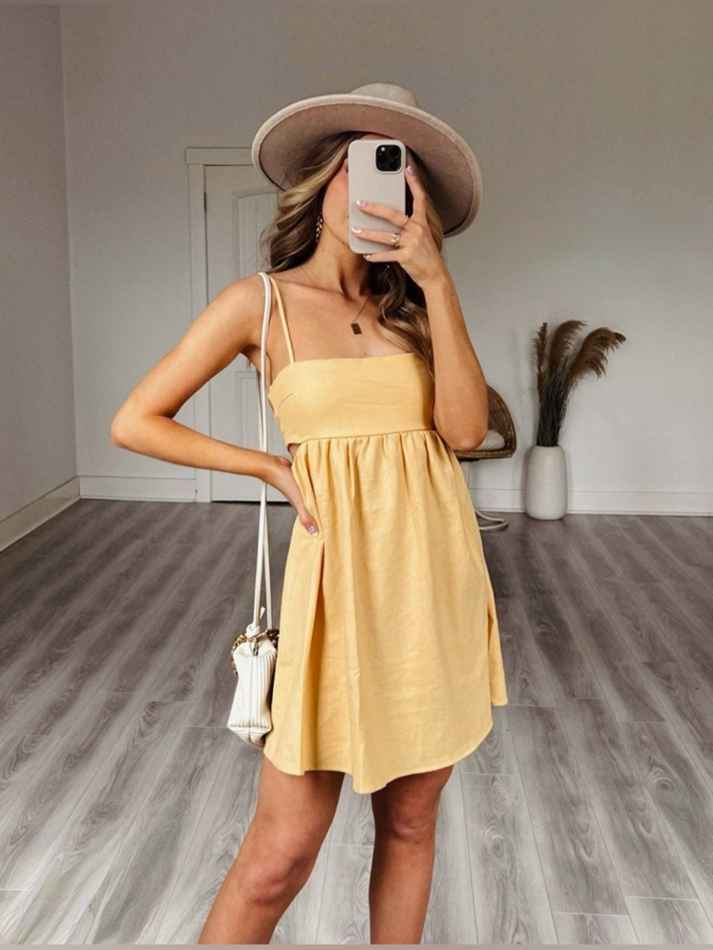 NWT Love Tree Summer Fun Cut Out Linen Cami Mini Dress Yellow Size Small